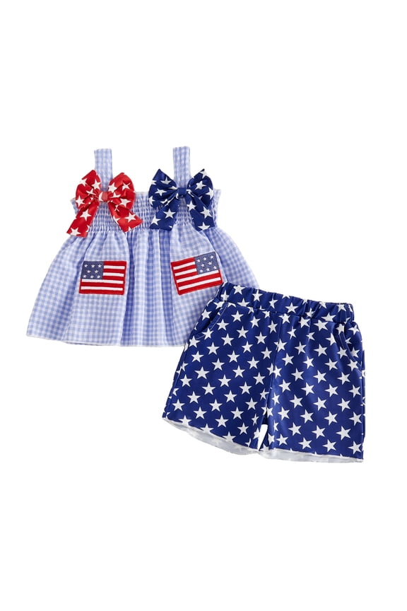 Baby Toddler Girl 4th of July Clothes 3 6 12 18 24 Months 2T 3T Sleeveless Flag Patch Plaid Tank Tops Shorts Outfits Set