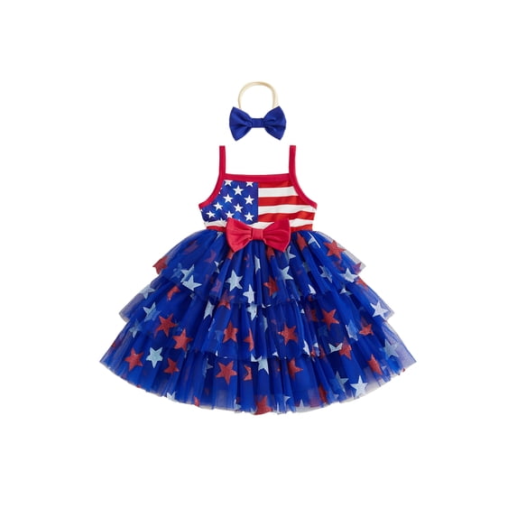 Loicainy Baby Toddler Girl 4th of July Dress 6 12 18 24 Months 2T 3T 4T Striped Star Print Sleeveless Square Neck Tulle Dress and Bow Headband Set