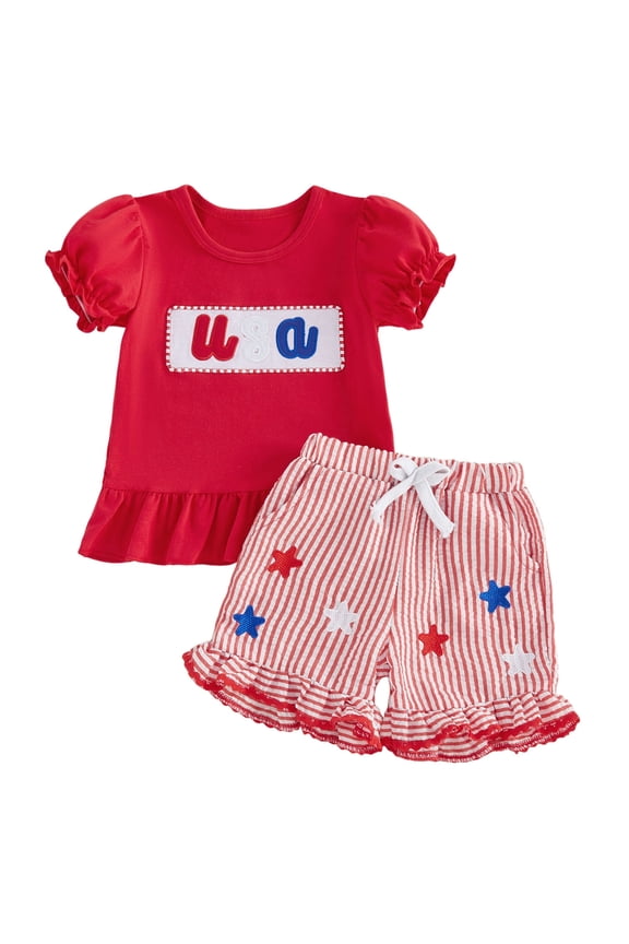 Baby Toddler Girl 4th of July Outfits 6 12 18 24 Months 2T 3T 4T Short Sleeve Letter Embroidery Ruffle Tops and Shorts Set Summer Clothes