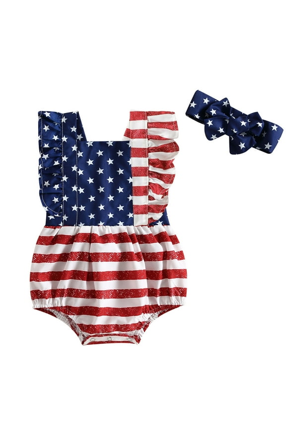 Baby Toddler Girl 4th of July Romper 6 9 12 18 Months Sleeveless Backless Ruffle Independence Day Bodysuit with Headband