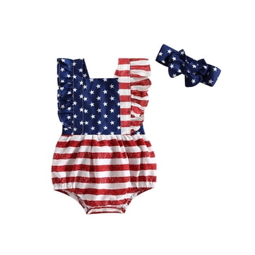 Loicainy Baby Toddler Girl 4th of July Romper 6 9 12 18 Months Sleeveless Backless Ruffle Independence Day Bodysuit with Headband