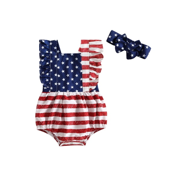 Loicainy Baby Toddler Girl 4th of July Romper 6 9 12 18 Months Sleeveless Backless Ruffle Independence Day Bodysuit with Headband