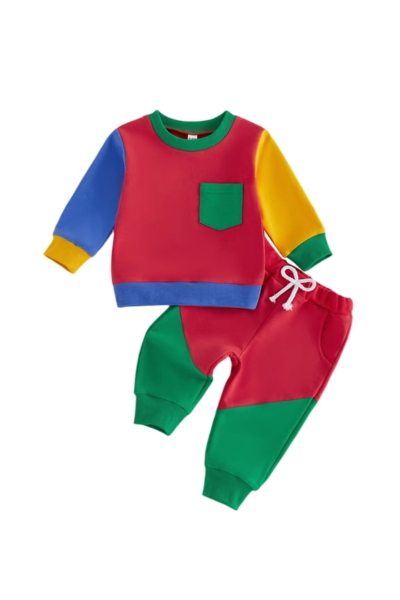 Baby Toddler Girl Boy Fall Clothes Set 6 12 18 24 Month 2T 3T Long Sleeve Crew Neck Contrast Color Patchwork Sweatshirt and Elastic Waist Pants Outfits