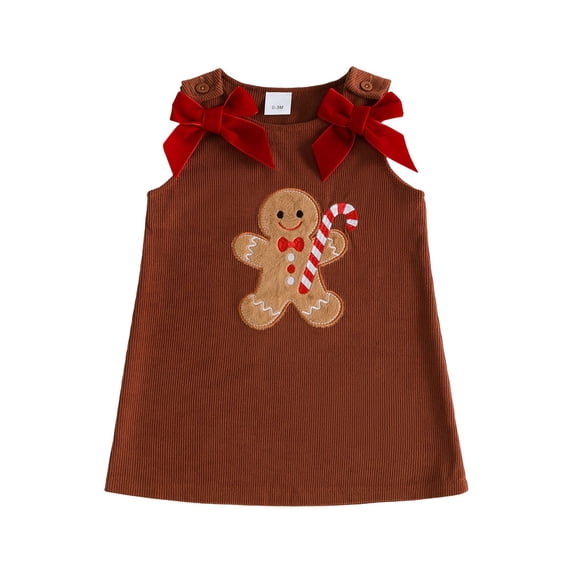 Loicainy Baby Toddler Girl Christmas Corduroy Dress 6 12 18 24 Months 2T 3T Bows Gingerbread Man Sleeveless Dresses