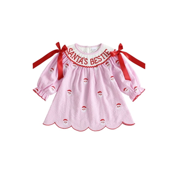 Loicainy Baby Toddler Girl Christmas Dress 6 12 18 24 Months 2T 3T 4T Long Sleeve Santa Embroidery Striped Dresses