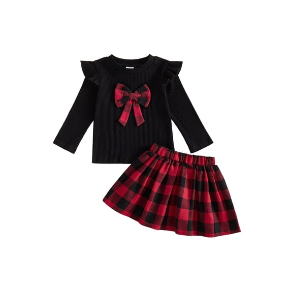 Loicainy Baby Toddler Girl Christmas Outfits 12 18 24 Months 2T 3T 4T 5T Long Sleeve Bowknot Tops Plaid Skirt Clothes Set