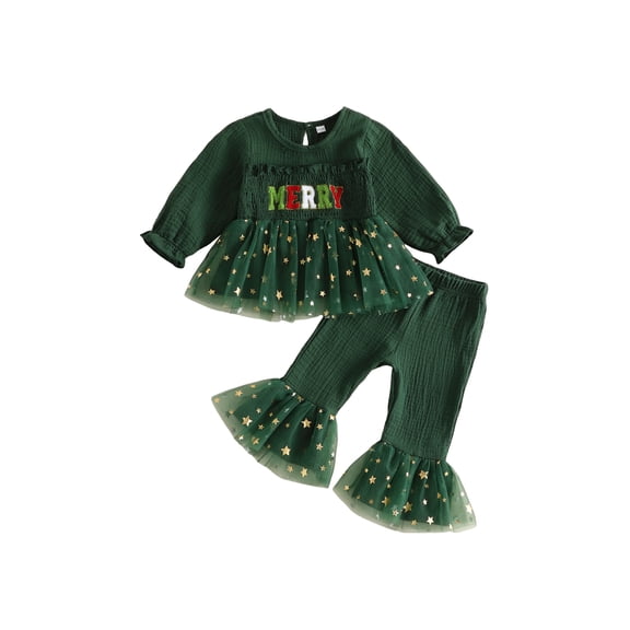 Loicainy Baby Toddler Girl Christmas Outfits 6 12 18 24 Months 2T 3T 4T 5T Letter Embroidery Long Sleeve Tops Flare Pants Clothes Set