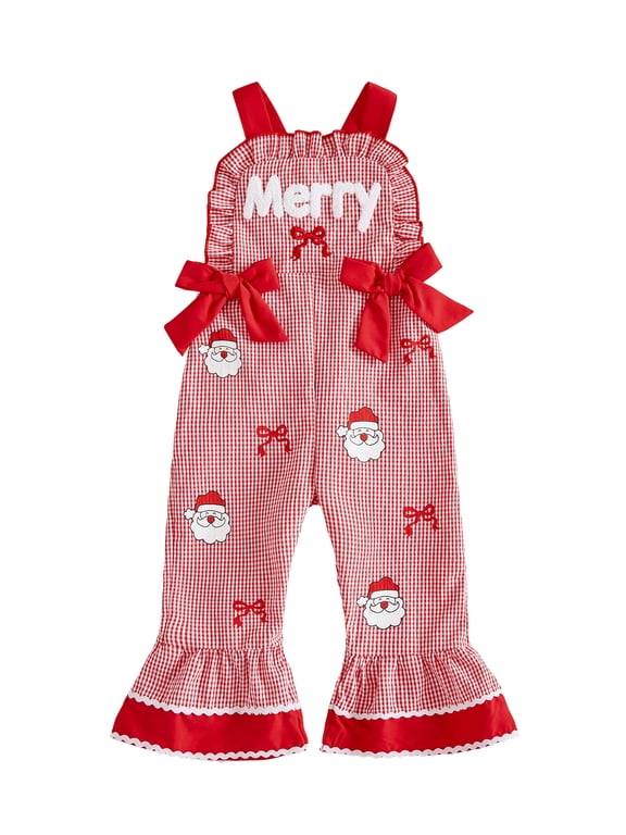 Baby Toddler Girl Christmas Overalls 12 18 24 Months 2T 3T 4T 5T 6T Bell Bottoms Plaid Bows Sleeveless Jumpsuit