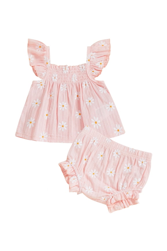 Baby Toddler Girl Daisy Outfit 3 6 12 18 Months Smocked Flying Sleeve Babydoll Tops Elastic Waist Ruffle Shorts Cute Summer Clothes 2Pcs Clothes Set