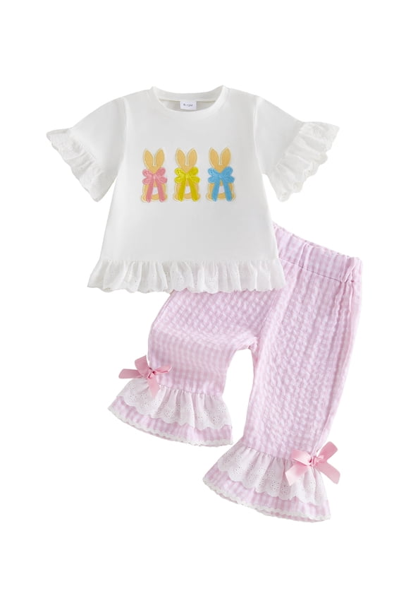 Baby Toddler Girl Easter Clothes Set 6 12 18 24 Months 2T 3T 4T Short Sleeve Bunny Embroidery Tops Flare Pants Summer Outfits