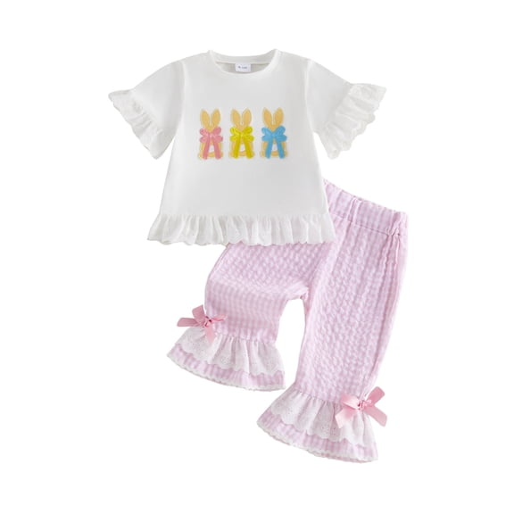 Loicainy Baby Toddler Girl Easter Clothes Set 6 12 18 24 Months 2T 3T 4T Short Sleeve Bunny Embroidery Tops Flare Pants Summer Outfits