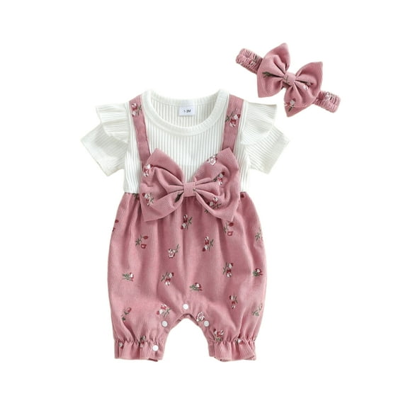 Loicainy Baby Toddler Girl Fake Two-Piece Jumpsuit 3 6 9 12 18 Months Floral Short Sleeve Summer Romper and Bow Headband 2 Piece Set