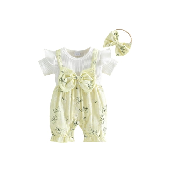 Loicainy Baby Toddler Girl Fake-two Romper 3 6 9 12 18 Months Floral Short Sleeve Jumpsuit and Bow Headband 2 Piece Set