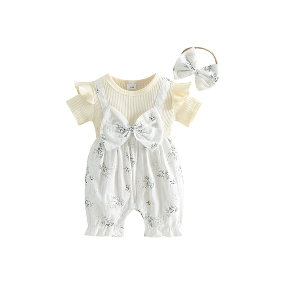 Loicainy Baby Toddler Girl Fake-two Romper 3 6 9 12 18 Months Floral Short Sleeve Jumpsuit and Bow Headband 2 Piece Set