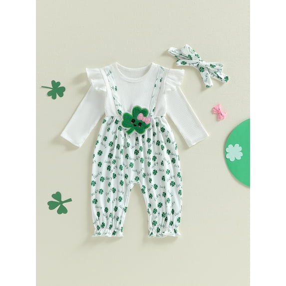 Loicainy Baby Toddler Girl Fake-two jumpduit for Irish, 3 6 12 18 Months Long Sleeve Clover Print Romper with Headband Holiday Clothes
