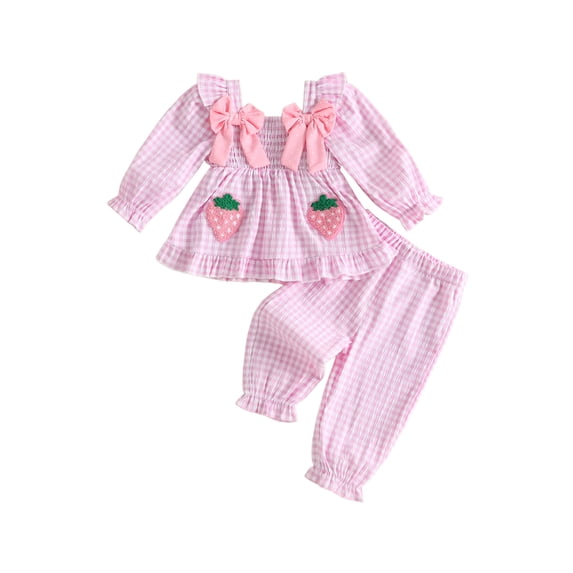 Loicainy Baby Toddler Girl Fall Outfit 3 6 9 12 18 24 Months 2T 3T Puff Long Sleeve Square Neck Plaid Tops Pants Clothes Set