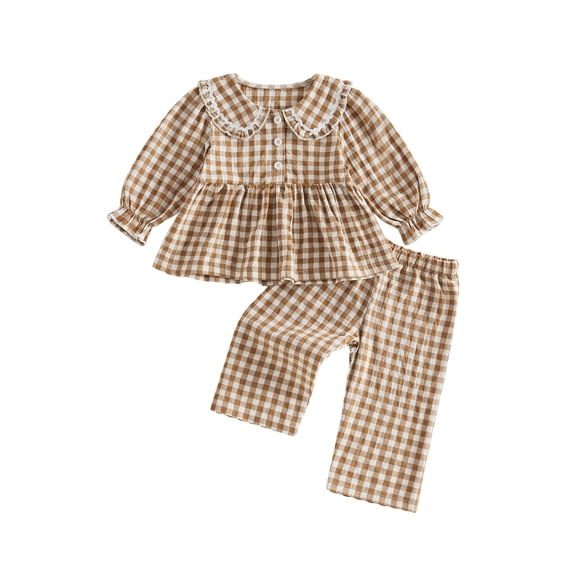 Loicainy Baby Toddler Girl Fall Outfits 6 12 18 24 Months 2T 3T 4T Long Sleeve Doll Collar Plaid Tops and Pants Clothes Set