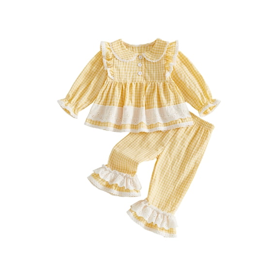 Loicainy Baby Toddler Girl Fall Outfits 6 12 18 24 Months 2T 3T 4T Plaid Print Long Sleeve Doll Collar Tops Flare Pants Clothes Set