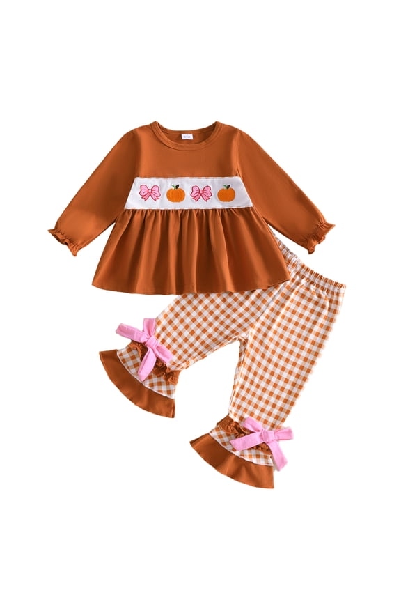 Baby Toddler Girl Halloween Outfits 6 12 18 24 Months 2T 3T 4T Pumpkin Bow Embroidery Long Sleeve Round Neck Tops + Elastic Waist Plaid Flare Pants 2 Pcs Clothes Set