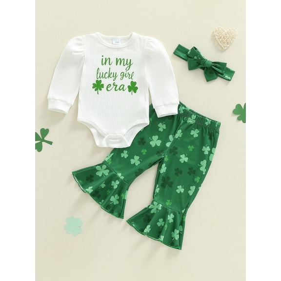 Loicainy Baby Toddler Girl Irish Outfits 3 6 12 18 Months Letter Long Sleeve Romper with Shamrock Pattern Flare Pants and Bow Headband 3 Pcs Clothes Set