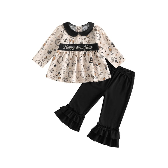Loicainy Baby Toddler Girl New Year Outfit 6 12 18 24 Months 2T 3T 4T Letter Embroidery Tops and Ruffles Flare Pants Clothes Set