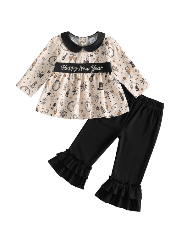 Baby Toddler Girl New Year Outfit 6 12 18 24 Months 2T 3T 4T Letter Embroidery Tops and Ruffles Flare Pants Clothes Set