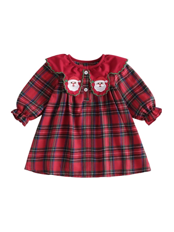 Baby Toddler Girl Plaid Christmas Dress 6 12 18 24 Months 2T 3T 4T Santa Petal Collar Long Sleeve Dresses