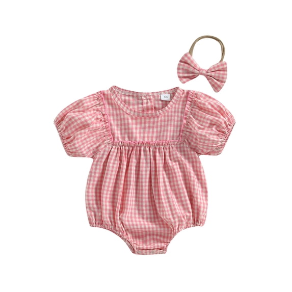 Loicainy Baby Toddler Girl Plaid Romper 3 6 12 18 Months Short Puff Sleeve Bodysuit with Headband