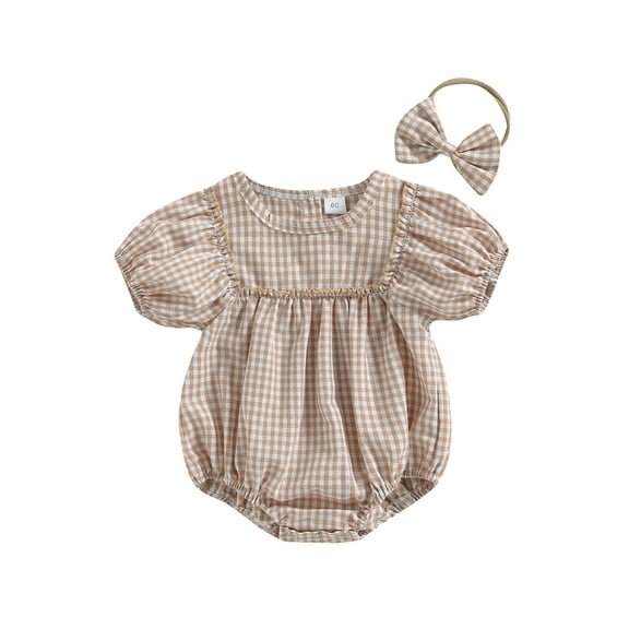 Loicainy Baby Toddler Girl Plaid Romper 3 6 12 18 Months Short Puff Sleeve Bodysuit with Headband