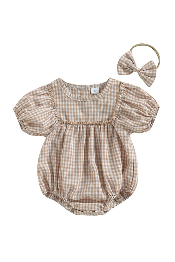Baby Toddler Girl Plaid Romper 3 6 12 18 Months Short Puff Sleeve Bodysuit with Headband