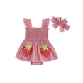 thumbnail image 1 of Loicainy Baby Toddler Girl Plaid Romper Dress 3 6 12 18 Months Strawberry Smocked Fly Sleeve Bodysuit with Headband 2 Pcs Summer Outfit, 1 of 8