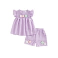 thumbnail image 1 of Loicainy Baby Toddler Girl Shorts Set 9 12 18 24 Months 2T 3T 4T 3D Flower Smocked Fly Sleeve Babydoll Tops Elastic Waist Shorts 2 Piece Summer Outfit, 1 of 9