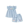 thumbnail image 1 of Loicainy Baby Toddler Girl Shorts Set 9 12 18 24 Months 2T 3T 4T 3D Flower Smocked Fly Sleeve Babydoll Tops Elastic Waist Shorts 2 Piece Summer Outfit, 1 of 9