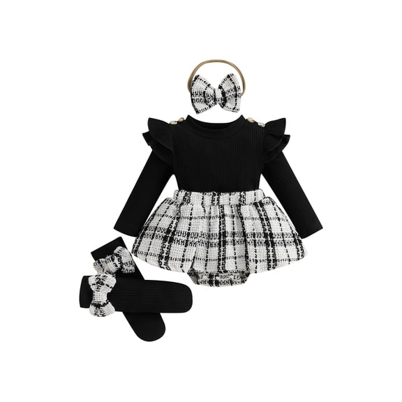 Loicainy Baby Toddler Girl Spring Fall Romper Dresses 3 6 12 18 Months Long Sleeve Plaid Print Skirt Bodysuit with Headband Socks Set Infant Clothes
