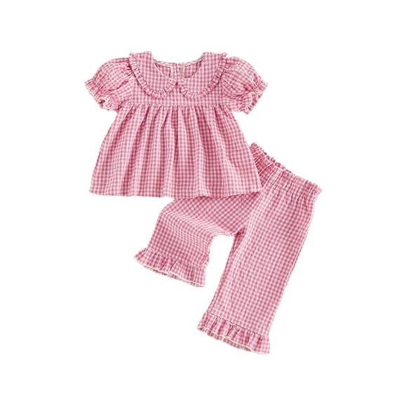 Loicainy Baby Toddler Girl Summer Clothes 6 12 18 24 Months 2T 3T 4T Short Puff Sleeve Doll Collar Tops Pants Plaid Outfits Set