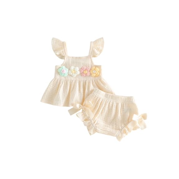 Loicainy Baby Toddler Girl Summer Outfit 3 6 12 18 Months Flower Flying Sleeve Babydoll Tops and Bow Ruffle Shorts 2 Piece Clothes Set