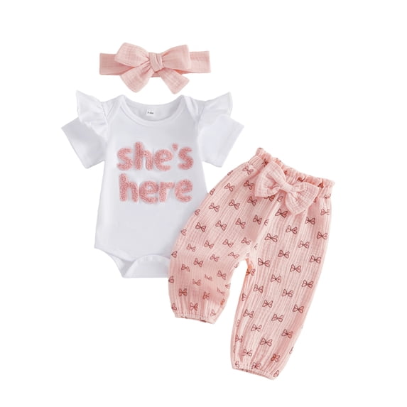 Loicainy Baby Toddler Girl Summer Outfits 3 6 12 18 Months Letter Print Short Sleeve Round Neck Romper Bow Pattern Pants Headband 3 Pcs Clothes Set
