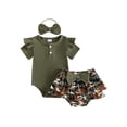 thumbnail image 1 of Loicainy Baby Toddler Girl Summer Outfits 3 6 9 12 18 Months Ribbed Knit Round Neck Short Sleeve Romper Camouflage Print Shorts Headband 3Pcs Clothes Set, 1 of 9