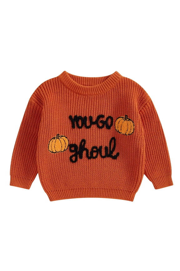 Baby Toddler Girl Sweater Halloween Sweather 12 18 24 Months 2T 3T 4T 5T 6T 7T Ghost Letters Embroidery Warm Knitted Long Sleeve Pullover Infant Knitwear for Kids