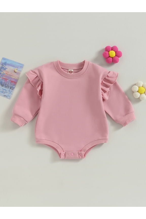 Baby Toddler Girl Sweatshirt Bodysuit 3 6 12 18 Months Ruffle Long Sleeve Round Neck Solid Color Romper Infant Fall Outfit