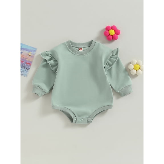 Loicainy Baby Toddler Girl Sweatshirt Bodysuit 3 6 12 18 Months Ruffle Long Sleeve Round Neck Solid Color Romper Infant Fall Outfit