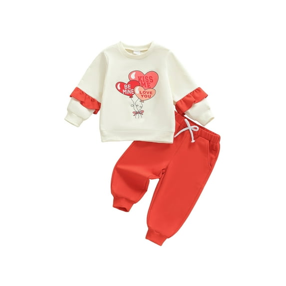 Loicainy Baby Toddler Girl Valentine’s Day Outfits 6 12 18 24 Months 2T 3T 4T Long Sleeve Heart Balloon Print Sweatshirt + Pants Set Clothes