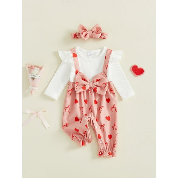 Loicainy Baby Toddler Girl Valentines Day Jumpsuit, 3 6 9 12 Months Long Sleeve Heart Bow Print Fake-two Romper with Headband Clothes