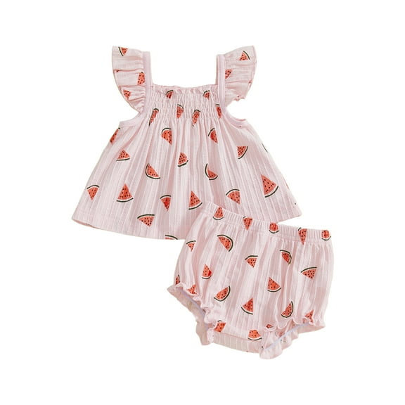 Loicainy Baby Toddler Girl Watermelon Shorts Outfit 3 6 12 18 24 Months Flying Sleeve Smocked Babydoll Tops and Ruffle Shorts 2 Piece Summer Clothes Set