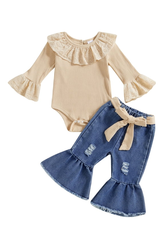 Baby Toddler Girls 2 Piece Outfits 3 6 9 12 18 Months Ruffle Long Sleeves Romper and Ripped Denim Flare Pants Fall Clothes Set