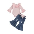 thumbnail image 1 of Loicainy Baby Toddler Girls 2 Piece Outfits 3 6 9 12 18 Months Ruffle Long Sleeves Romper and Ripped Denim Flare Pants Fall Clothes Set, 1 of 9