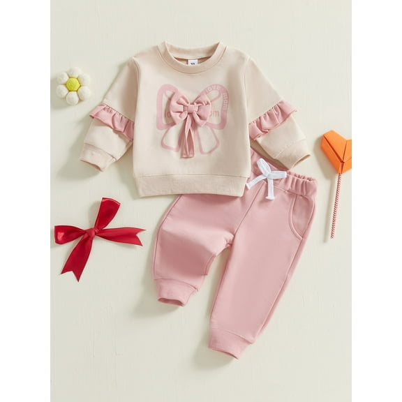 Loicainy Baby Toddler Girls 2-piece Outfit, 6 12 18 24 Months 2T 3T Long Sleeve Crew Neck Bow Sweatshirt with Elastic Waist Sweatpants Fall Clothes Set