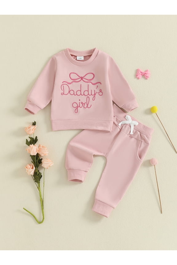 Baby Toddler Girls 2PCS Pants Outfits Sets 3 6 12 18 24 Months 2T 3T Long Sleeve O Neck Bow Letter Embroidery Tops Drawstring Pants Clothes Set