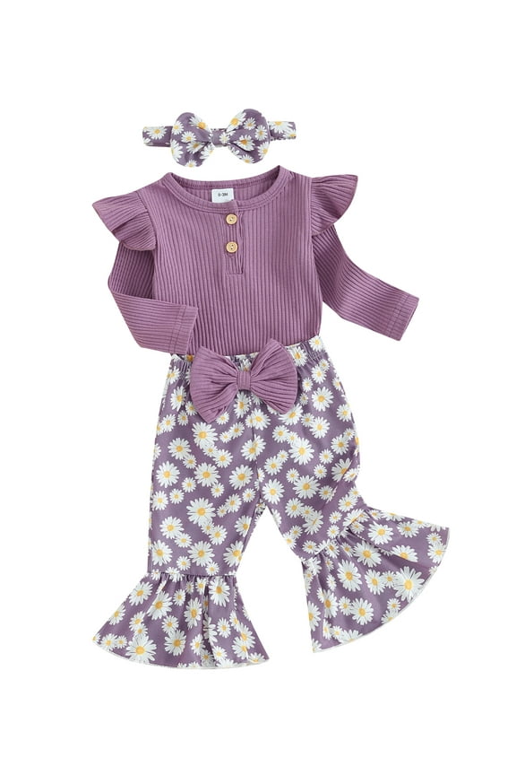Baby Toddler Girls 3 Piece Flare Pants Outfits 3 6 9 12 18 Months Ribbed Long Sleeves Romper and Daisy Print Elastic Pants Headband Set Fall Spring Clothes Set