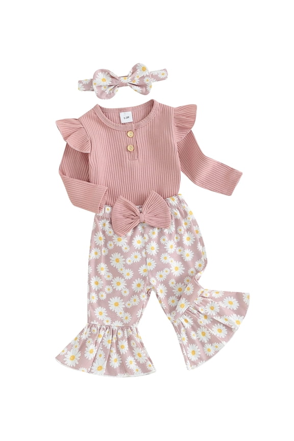 Baby Toddler Girls 3 Piece Flare Pants Outfits 3 6 9 12 18 Months Ribbed Long Sleeves Romper and Daisy Print Elastic Pants Headband Set Fall Spring Clothes Set